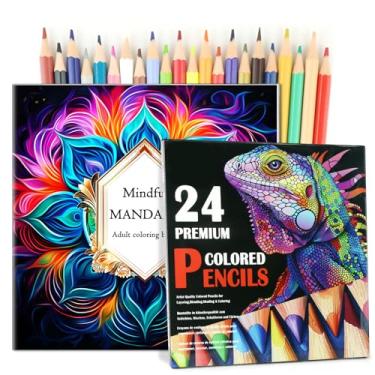 Imagem de CKMOREL 24 lápis de cor com mandala, livro de colorir para adultos, relaxamento, lápis de cor com livro de colorir para adultos para alívio do estresse, presentes inspiradores para mulheres