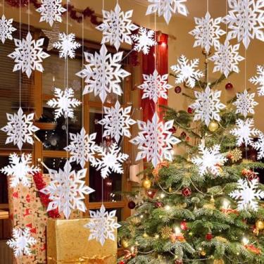 Imagem de Decorações de flocos de neve para pendurar no Natal de inverno - 12 peças de flocos de neve e 12 peças de glitter 3D grande branco flocos de neve para Natal inverno Wonderland feriado Ano Novo festa decoração de casa