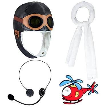 Imagem de Keymall Kids Aviator Costume Accessories Pilot Aviator Hat with Goggles for Halloween Career Day Birthday Cosplay Costume (Black Hat,White Scarf,Prop Headset,Brooch)