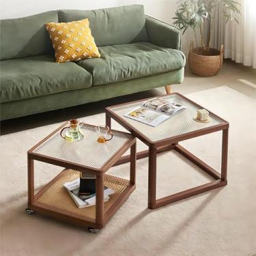 Imagem de Mesa de centro de vidro, mesas de centro pequenas para espaços grandes ou pequenos, mesas de cabeceira de vime, mesa central de 2 camadas com comprimento ajustável, para sala de estar, quarto