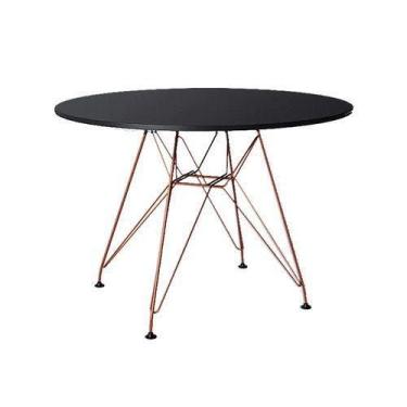 Imagem de Mesa Eiffel Redonda 90cm Tampo De Madeira Preto Com Base De Ferro Cobr