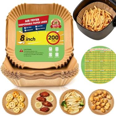 Imagem de Stoear Forros de papel Air Fryer descartáveis: 200 peças de forros quadrados especiais de 20 cm para fritadeira a ar, papel pergaminho antiaderente à prova de gordura e água