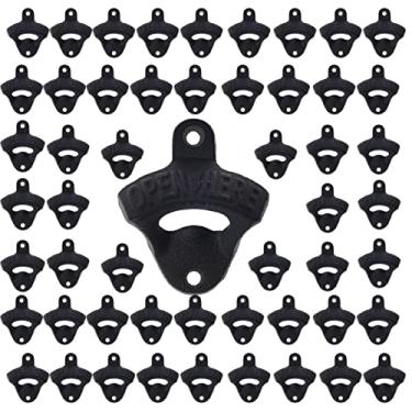 Imagem de Jumiok 50 pacotes abridor de garrafa de cerveja de ferro fundido preto montado na parede abridor de tampa de refrigerante a granel aberto aqui para bar DIY Board Table Cooler