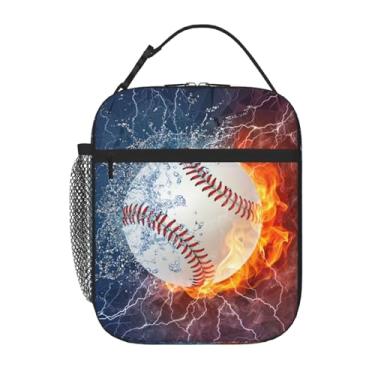 Imagem de YIJIUWKIS Lancheira de beisebol com tema esportivo para meninos, meninas, adolescentes, adultos, reutilizável, isolada, lancheira, com estampa de fogo e água, bolsas de gelo