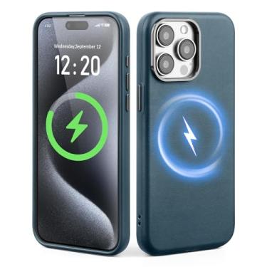 Imagem de SkyEagle Capa de telefone para iPhone 15 Pro Max, compatível com Magsafe e carregamento sem fio, bisel de câmera de metal, fina, antiderrapante, luxuosa, capa protetora de couro PU adequada para Apple