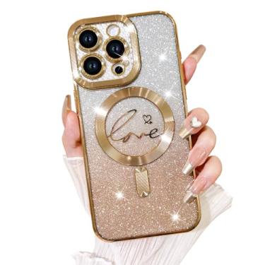 Imagem de Fiyart Capa projetada para iPhone 15 Pro Max, Compatível com MagSafe, Love Heart Plating, Proteção de Câmera, Clear Phone Case, Glitter Magnético, Amortecedor Traseiro à Prova de Choque, 17 cm - Ouro