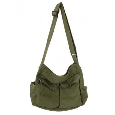Imagem de Lauthen.S Bolsa Grunge de lona Hobo transversal de ombro para mulheres e homens, bolsa carteiro grande com vários bolsos, Verde militar, 15.7"x 5.9"x 13.4"