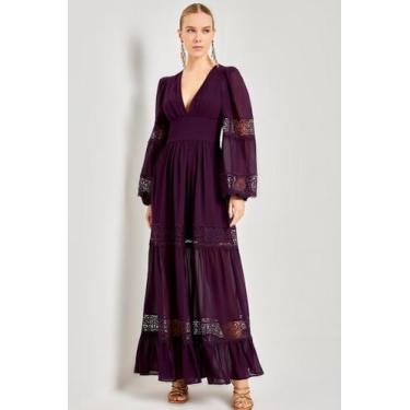 Imagem de vestido longo com aplicaçao de renda - lady day, Roxo, P