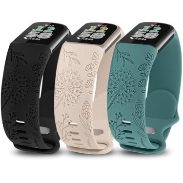 Imagem de Minyee Pacote com 3 pulseiras femininas com gravação floral, compatível com Fitbit Charge 6/Fitbit Charge 5, linda pulseira de silicone macio e flor de dente-de-leão, designer esportivo elegante de