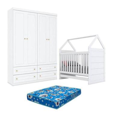 Imagem de Berço Montessoriano e Guarda Roupa Infantil Americano 4 Portas Branco 