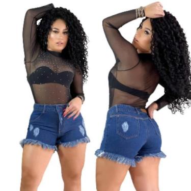 Imagem de Short Jeans Preto Feminino desfiado Curto Cintura Alta - karha confecç