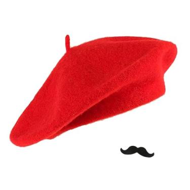 Imagem de Mawjom Chapéu de boina francesa extensível com bigode para mulheres e homens - acessório para festa temática de fantasia de Halloween, Vermelho, M