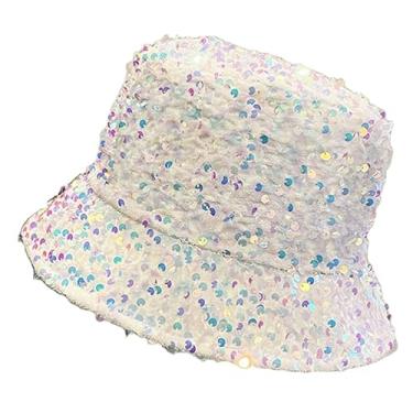 Imagem de Chapéu Balde de Lantejoula Skiny Feminino Masculino Festival Brilhante Metálico Boné de Pescador Brilhante Fantasia de Festa, Branco, tamanho �nico