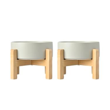 Imagem de SPUNKYJUNKY Conjunto de tigela de comida e água para cães de cerâmica Conjunto de 2 tigelas elevadas para cães, suporte de madeira antiderrapante, tigelas elevadas para alimentação de cães p