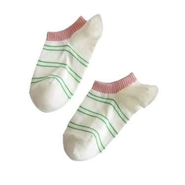 Imagem de chanstore 3 pares - Meias femininas curtas de algodão puro fino para primavera e verão com listras de algodão puro e boca rasa - barras brancas e verdes