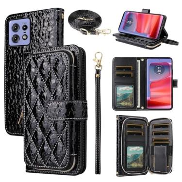 Imagem de Furiet Argyle Capa carteira para Motorola Moto Edge 50 Pro 5G com alça transversal/alça de pulso luxuosa couro PU suporte com zíper bolsa à prova de choque porta-cartões capa de celular para edge50Pro