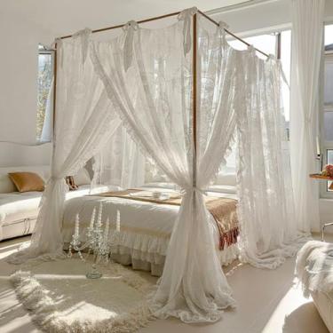 Imagem de SCMTYWCQ Elegante Renda Princesa 4 Postes de Canto Mosquiteiro Romântico para Meninas Mulheres Cama Cortina Dossel para Adultos Casamento Quarto Crianças Decoração (Branco-2, Queen)