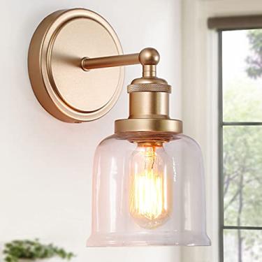 Imagem de Arandelas douradas, 1 luz de ouro para banheiro, arandela de luz de parede moderna com sombra de vidro transparente para quarto, sala de estar (13 cm C x 19 cm L x 25 cm A)