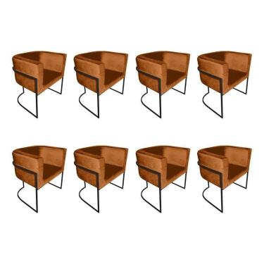 Imagem de Kit 8 Poltronas Decorativa Sala De Estar Base De Ferro Preta Veludo Terracota Laranja