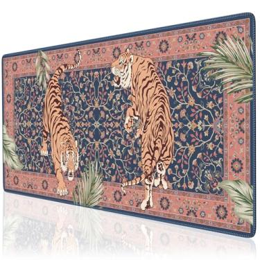 Imagem de Anyshock Tapete de mesa Tiger para mesa, tapete de mesa floral para jogos, teclado e mouse antiderrapante, bordas costuradas grande, tapete de mesa bonito para escritório em casa, 90 x 40 cm (rosa)