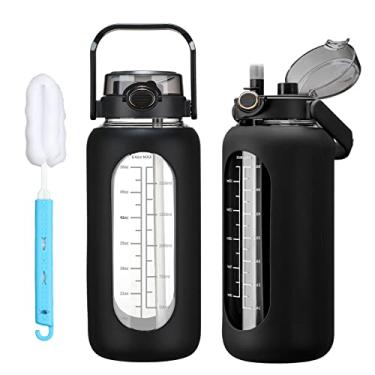 Imagem de chunmo Parafusos de água de vidro de 1,2 litros, 1,47 g/1,8 l com canudo, garrafa de água motivacional grande de meio galão com marcador de tempo, garrafas de água esportivas com manga de silicone e tampa com alça para treino na academia