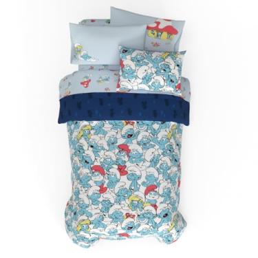 Imagem de Franco Jogo de cama infantil The Smurfs, super macio e aconchegante, de microfibra reversível, com capa, 5 peças, tamanho solteiro (produto oficialmente licenciado)