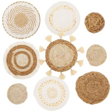 Imagem de HJJWNDDNG Pacote com 9 cestas de parede Boho conjunto de decoração de parede de alga marinha tecido para pendurar em vime de vime boêmio, cestos redondos para pendurar na parede de casa de fazenda