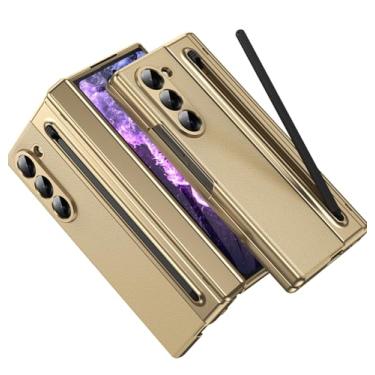 Imagem de Capa para Samsung Galaxy Z Fold 5 com [S Pen] [com protetor de tela e proteção de dobradiça] Capa traseira de couro, capa protetora para celular Samsung Galaxy Z Fold 5 5G com S Pen dourada