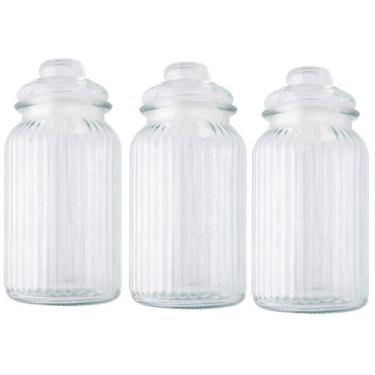 Imagem de Jogo Kit 3 Potes De Vidro 1350ml Com Tampa Hermética Redondo Transpare