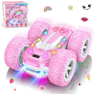 Imagem de Carrinho de Controle Remoto Rosa para Meninas, Carro RC com Adesivos Personalizáveis, Luzes Coloridas e Acrobacias 4WD - 360° de