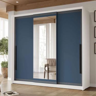 Imagem de Guarda-Roupa Casal Valência 3 Portas 4 Gavetas com Espelho Branco/Azul