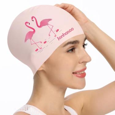 Imagem de Jonhosoo Touca de natação de silicone para mulheres, touca de natação de cabelo longo impermeável com estampa de flores (rosa)