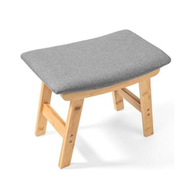 Imagem de BAMBOO LAND - Banquetas para pés de bambu, almofada cinza e pernas de madeira natural, pequeno descanso de pés otomano para sofá