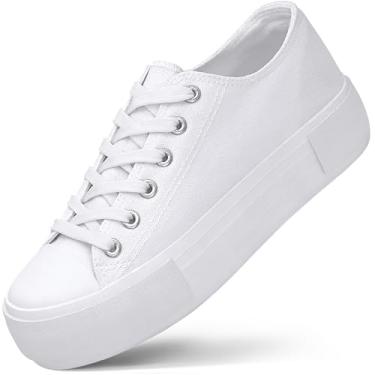 Imagem de Tênis feminino plataforma 4 cm de aumento de altura, tênis clássico de lona plataforma de cano baixo para mulheres e adolescentes, várias cores, moda moderna, sapatos fofos, Todo branco, 38