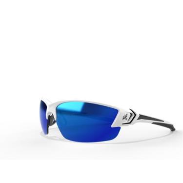 Imagem de Edge TSDKAP248-G2 Khor G2 Óculos de segurança polarizados, antirarranhões, antiderrapante, UV 400, grau militar, compatível com ANSI/ISEA e MCEPS, 12,7 cm de largura, armação branca/lente espelhada azul Aqua Precision