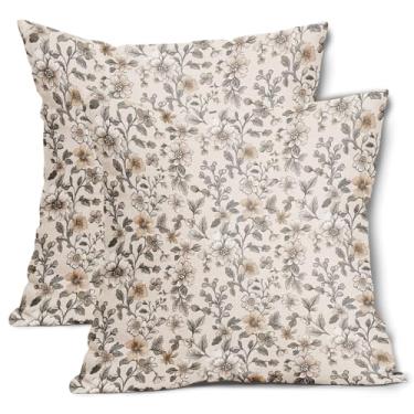 Imagem de AmplePisce Capas de almofada florais vintage 45,7 x 45,7 cm, conjunto de 2 capas de almofada decorativas de linho de algodão com flores amarelas e brancas para quarto, sofá, sala de estar, cadeira
