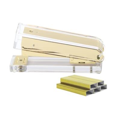 Imagem de NatSumeBasics Grampeador transparente com grampos de ouro puro padrão com 1000 grampos 26/6 para mesa, casa, escola, escritório, artigos de papelaria, acessórios, decoração (ouro amarelo)