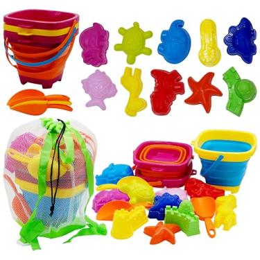 Imagem de 4E's Novelty Conjunto de 17 peças de brinquedos de praia - 3 baldes dobráveis, 3 pás, 10 moldes de brinquedo de areia, com bolsa de praia de malha