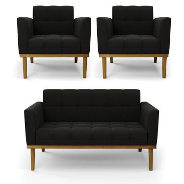 Imagem de Namoradeira Com 2 Poltronas Base De Madeira Castanho Elisa Suede D03 - D\'rossi Cor Preto