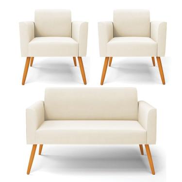 Imagem de Sofá Namoradeira Com 2 Poltronas Pés Palito Castanho Marisa Veludo D03 - D\'rossi Cor Bege