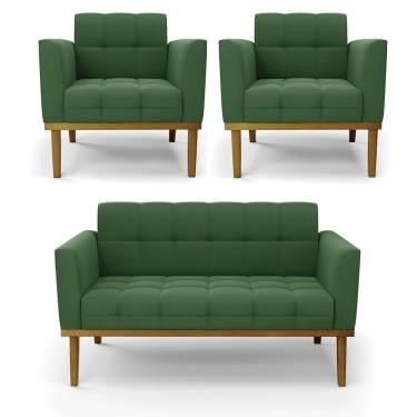 Imagem de Namoradeira Com 2 Poltronas Base De Madeira Castanho Elisa Suede D03 - D\'rossi Cor Verde