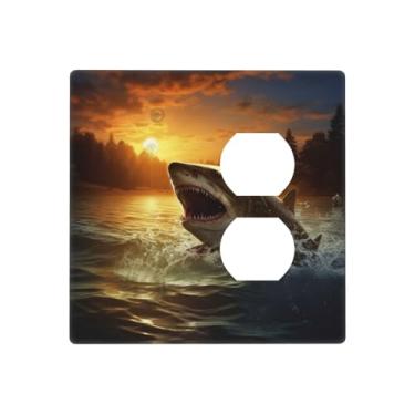 Imagem de Ao anoitecer Placa de parede com estampa de peixe, 2 gangues, interruptor de luz decorativo, resistente à temperatura, capas de tomada elétrica, interruptores de fazenda, placa frontal para decoração