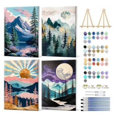 Imagem de JOOZ Pacote com 4 kits de pintura emoldurada por números para adultos, pintura do pôr do sol da montanha por número com cavalete, kits de pintura a óleo DIY Moon Lake por números em tela, kit de