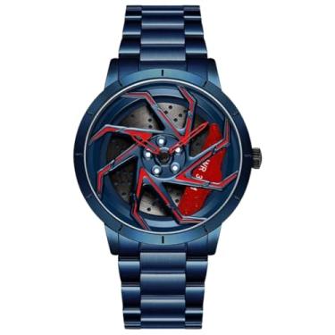 Imagem de Relógio de Pulso Masculino com Design de Roda, Mostrador Giratório 360°, Verde e Prata, Pulseira em Aço Inoxidável (Azul vermelho)