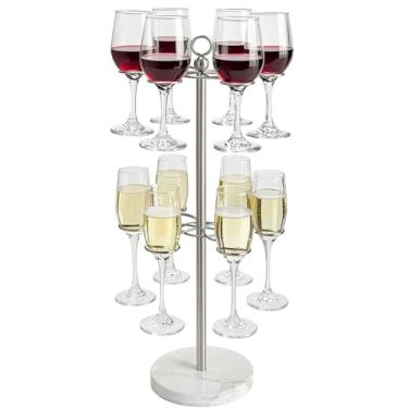 Imagem de GZILA Suporte para copo de vinho de bancada SUS304 Torre de champanhe de aço inoxidável para festas, suporte de árvore de coquetel resistente, base de mármore, suporte de mesa, 2 níveis com 12