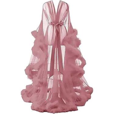 Imagem de Lingerie Feminina Robe Plus Size Lingerie Sexy Robe Mesh Sheer Lace Nightwear Mangas Queimadas Roupão Com Guarnição De Penas Tule Lotus Leaf Manga Comprida, A, One Size