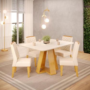 Imagem de Conjunto Sala de Jantar 4 Cadeiras Tampo de Vidro DJ Móveis Kiara Cedro Lidia Linho Neve