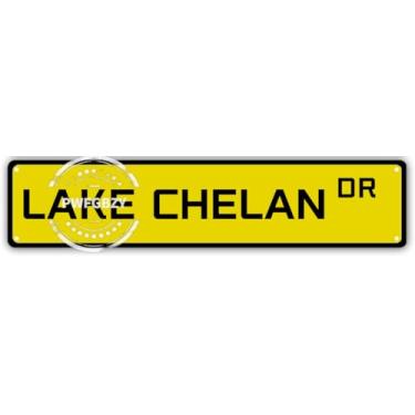 Imagem de PWFGBZY Placas de metal Lake Chelan DR Placa de alumínio retrô vintage engraçada para quarto cozinha jardim parede BAB Club café pendurado decoração de casa 10 x 40 cm