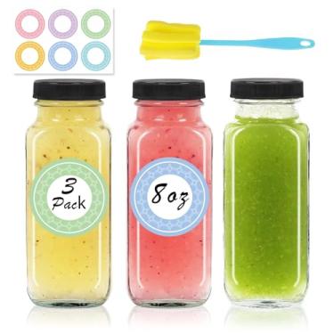 Imagem de NEWMIAO Pacote com 3 garrafas de suco de 227 g com tampas, garrafas de água de vidro reutilizáveis de 250 ml, recipientes vazios para bebidas com escova, para leite, suco, kombucha, gengibre