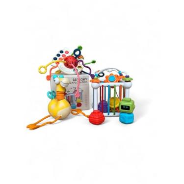 Imagem de Kit de Brinquedos Sensoriais para Bebê Mordedor Disco Voador 4 em 1 Girafa com Ventosa Cubo de Atividades (Branco)